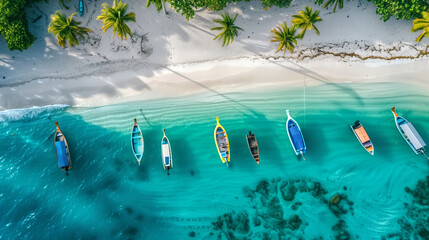 a horizontal beach with several boats and palm trees, aerial dro