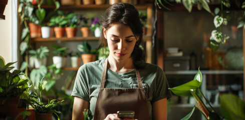  florist in a green t-shirt and apron stands in the shop with plants on the table 