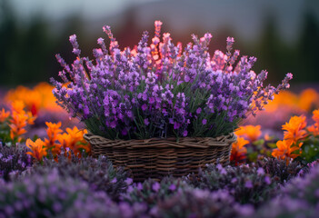 Obraz premium Lavender flowers in basket in field