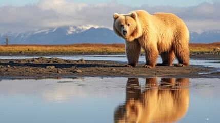 A bear standing in front of a body of water - obrazy, fototapety, plakaty