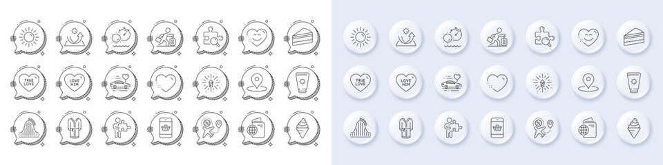 Heart, Fireworks explosion and Pin line icons. White pin 3d buttons, chat bubbles icons. Pack of Search puzzle, Love him, Tanning time icon. Travel passport, Puzzle, Travel delay pictogram. Vector