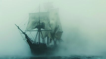 A ghost ship sailing on a sea of mist, its sails tattered but proud - obrazy, fototapety, plakaty
