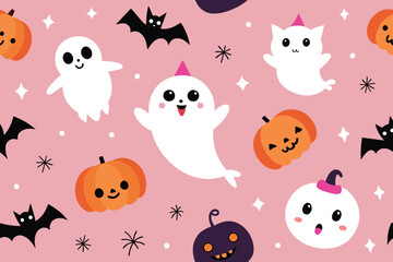 Halloween seamless pattern. Vector illustration of cute ghost cats, pumpkins, spiders and bats on a pink background. Vector cartoon seamless pattern