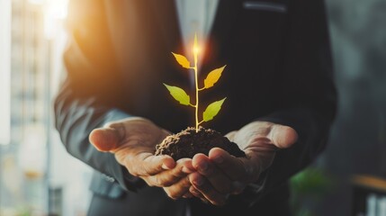 An inspiring image of a person holding soil with a sprouting plant emitting a bright spark, showing innovation - obrazy, fototapety, plakaty