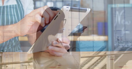 Image of men using laptop over asian business women using smartphone