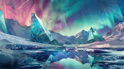 A valley of geometric ice formations, reflecting the aurora borealis above - obrazy, fototapety, plakaty
