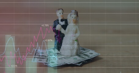 Image of data processing over married couple figure and banknotes