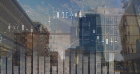 Image of financial data processing over cityscape