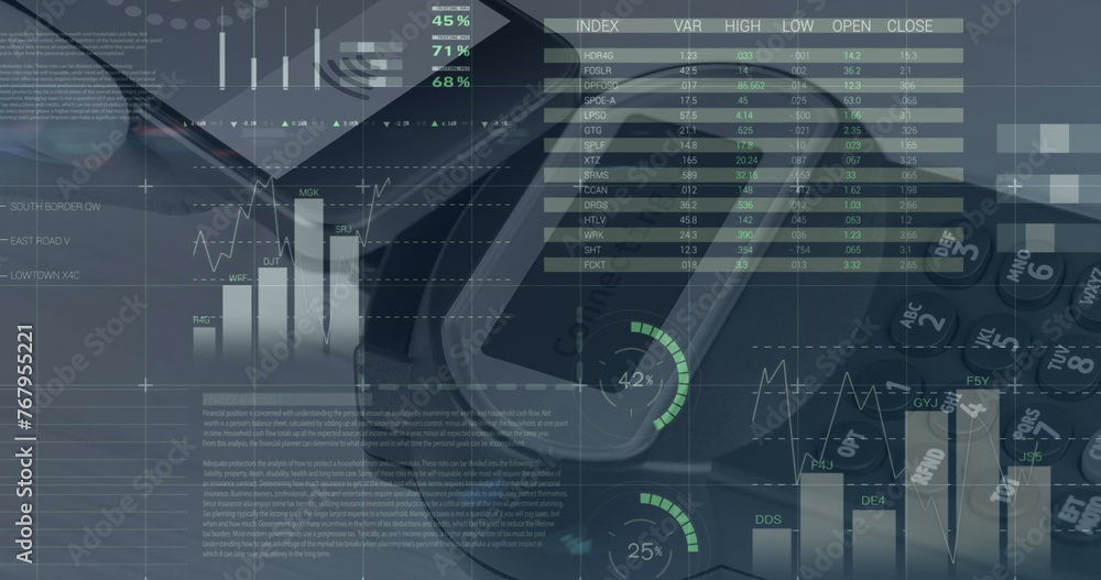 Poster image of graphs over smartphone with copy space and payment terminal