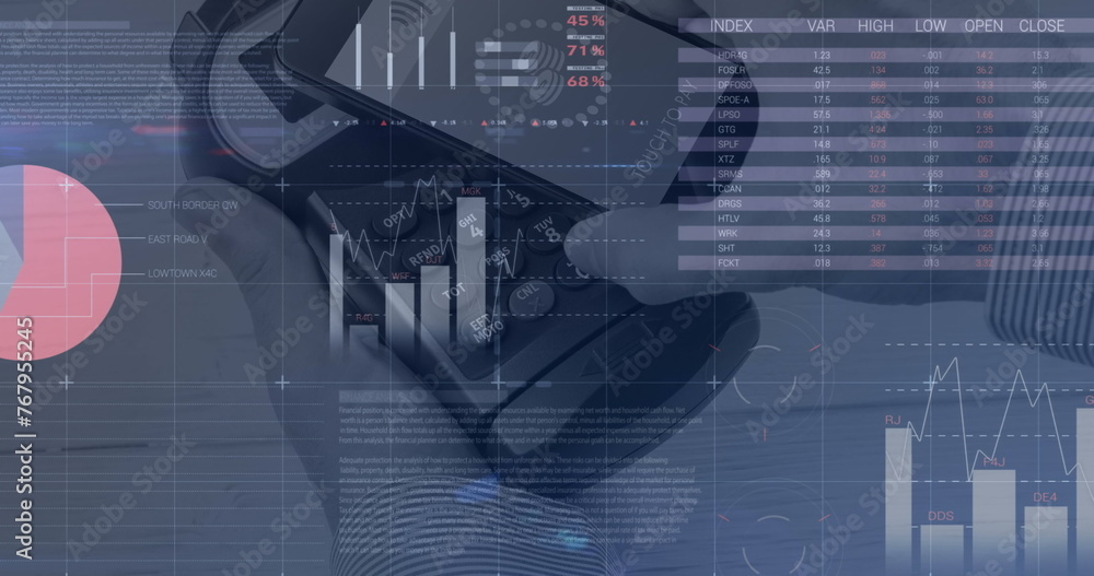 Poster Image of graphs over smartphone and payment terminal