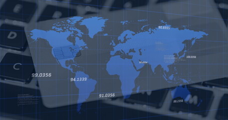 Image of numbers and world map over laptop keyboard