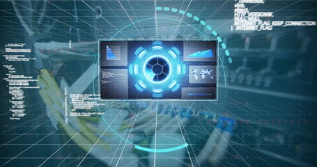 Image of digital interface and data processing over server room