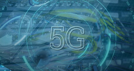 Image of digital interface and data processing over server room