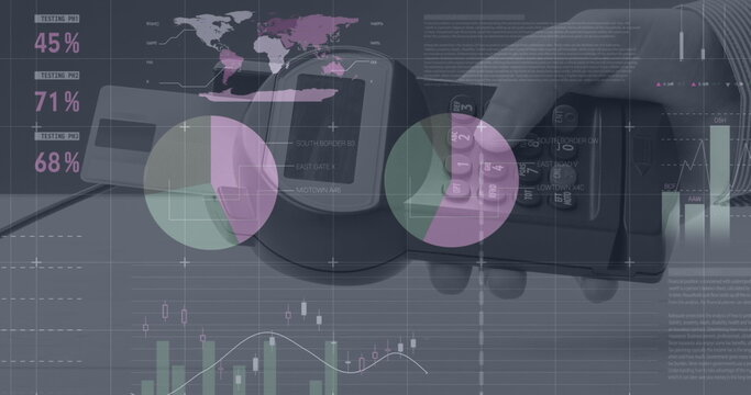Image of graphs over payment terminal with card - Powered by Adobe
