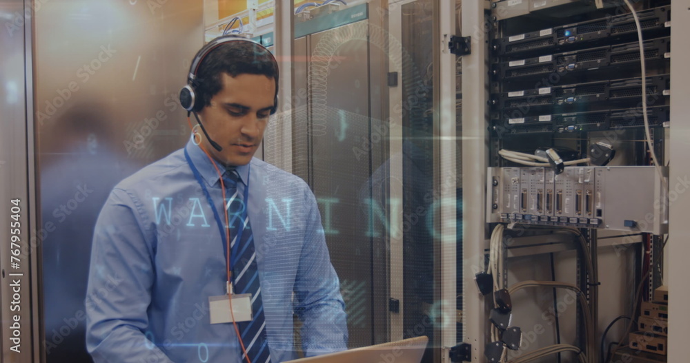 Poster cyber security data processing over biracial male engineer with laptop working at server room