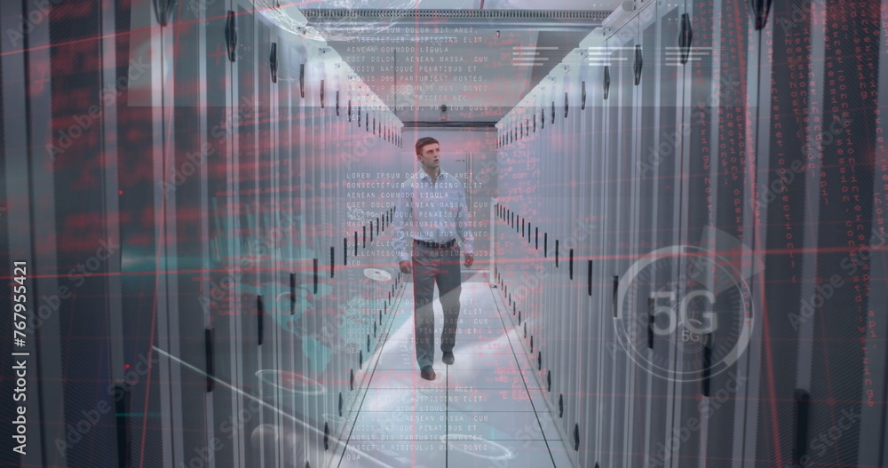Poster multiple screens with data processing against caucasian male engineer walking in server room