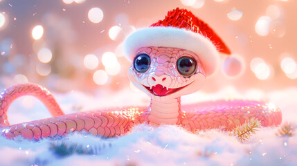 A cute smiling cartoon pink snake with expressive eyes wearing Santa's hat sits next to Christmas gift boxes. Symbol of the 2025 New year funny snake illustration for calendar, greeting card design