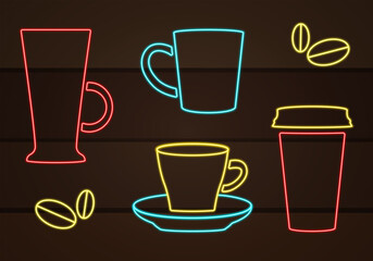 Set of flat coffee icons in neon style. isolated icons on wooden background. Icons for coffee shop, cafe and restaurants. Modern neon style. Vector illustration