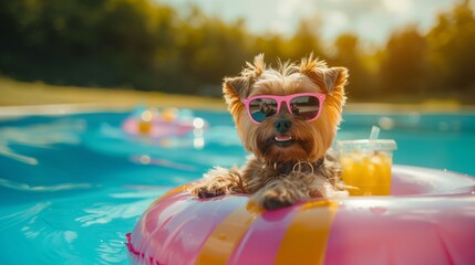 A dog in sunglasses lounges in a pool on an inflatable ring with cocktails, exuding contentment and humor - obrazy, fototapety, plakaty