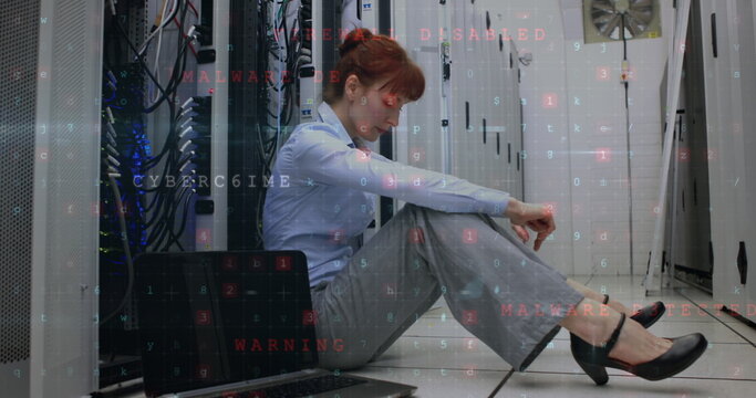 Image of data processing over caucasian female worker in server room