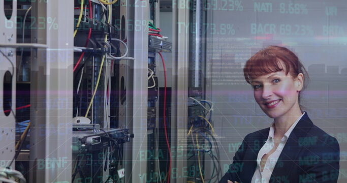 Stock market data processing over portrait of caucasian female engineer smiling at server room - Powered by Adobe