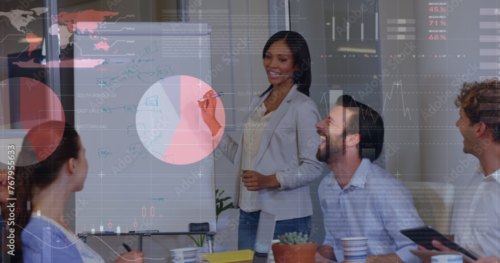 Poster Image of clock and molecules over business people wearing phone headsets