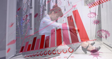 Image of data processing over caucasian female worker in server room