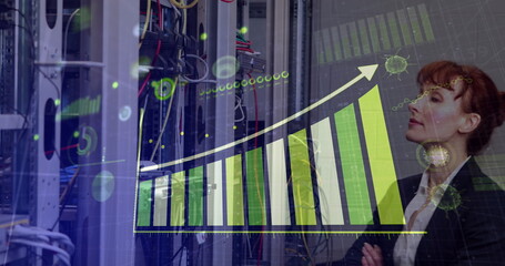 Image of data processing over caucasian female worker in server room