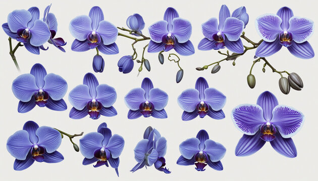 Set of blue orchid flower elements isolated on transparent background colorful background