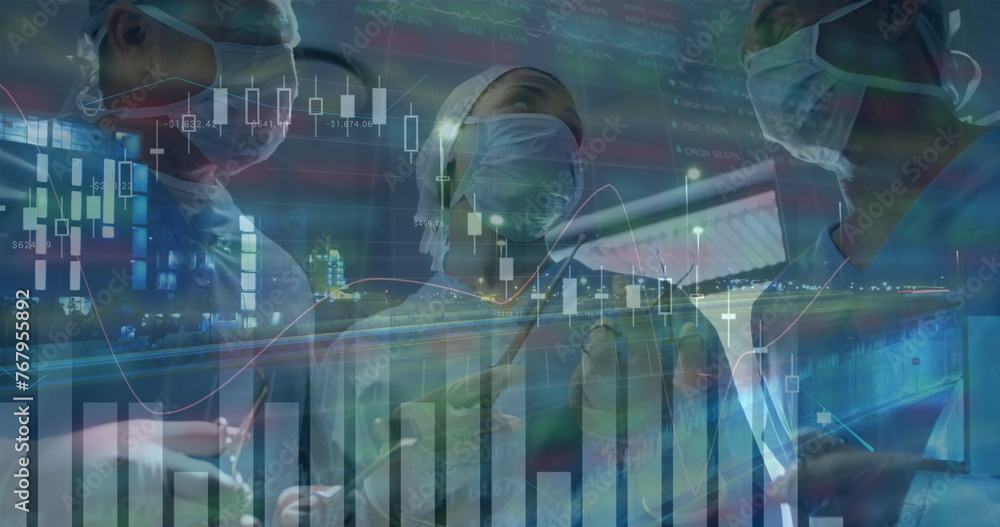 Poster image of statistical data processing over team of surgeons performing operation at hospital