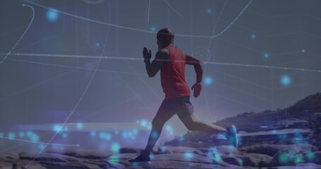 Image of blue spots falling over african american fit man running on the beach