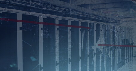 Image of data processing and plexus networks over empty computer server room