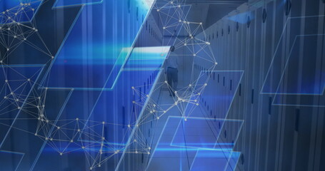 Image of network of connections and blue squares over male engineer walking in server room