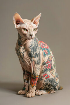 Hairless sphynx cat hipster with Tattoos on its body sitting on grey background. Vertical. Tattoo salon, trendy hipster poster, creative greeting card, calendar. Tattooing fashion
