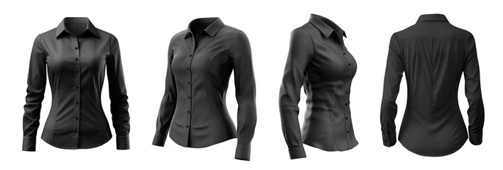 Set of woman black button up long sleeve collar slim fitting shirt front, back side view on transparent background cutout, PNG file. Mockup template for artwork graphic design	
