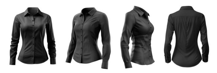 Set of woman black button up long sleeve collar slim fitting shirt front, back side view on transparent background cutout, PNG file. Mockup template for artwork graphic design
