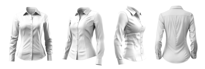 Set of woman white button up long sleeve collar slim fitting shirt front, back side view on transparent background cutout, PNG file. Mockup template for artwork graphic design