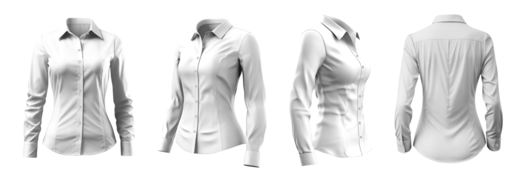 Set of woman white button up long sleeve collar slim fitting shirt front, back side view on transparent background cutout, PNG file. Mockup template for artwork graphic design	
