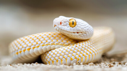 Cute white golden snake on white background. Symbol of the 2025 New year gorgeous snake for calendar, greeting card design, poster. Close up. Chinese 2025 new year