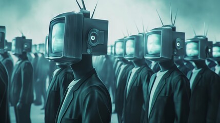 A group of figures in suits with vintage televisions as heads, symbolizing conformity and media influence.