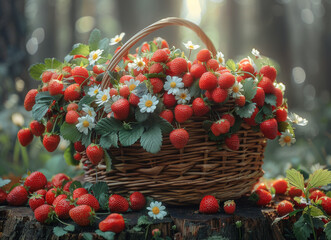 Basket with strawberries in the forest