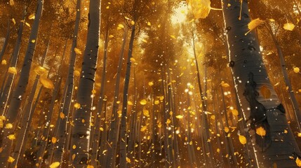 Aspen grove with golden leaves fluttering in the wind
