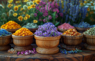 Dried herbs flowers in wooden mortar with pestle and other herbs on table