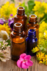 Concept of alternative herbal medicine. Bottles of tincture or potion, organic essential oils, dry healthy herbs, floral extracts on wooden table. Pure natural ingredients for cosmetic production