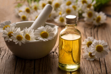Essential oil in glass bottle with fresh chamomile flowers, beauty treatment. Daisy oil.