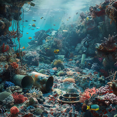 Fototapeta na wymiar Scrap metal and plastic waste in a coral reef with corals and fish.