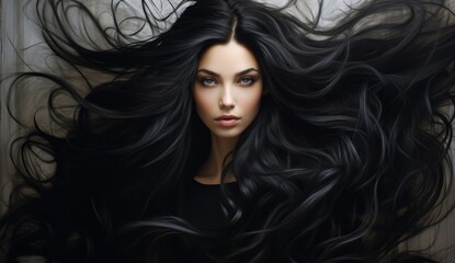 Portrait of elegant stylish young woman with long dark curly healthy shiny hair and makeup on grey banner background. Generative AI.