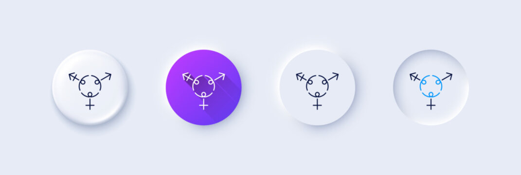 Genders line icon. Neumorphic, Purple gradient, 3d pin buttons. Inclusion sign. Gender diversity symbol. Line icons. Neumorphic buttons with outline signs. Vector