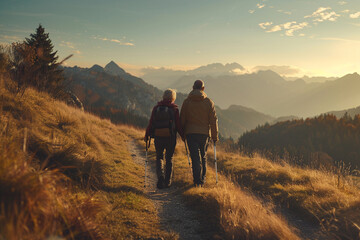 Elderly couple hiking in mountains, cinematic, golden hour, panoramic angle. long shot - obrazy, fototapety, plakaty