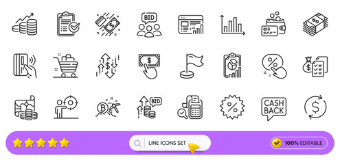 Dollar exchange, Survey checklist and Bid offer line icons for web app. Pack of Web report, Accounting wealth, Card pictogram icons. Bitcoin mining, Report, Payment click signs. Auction. Vector
